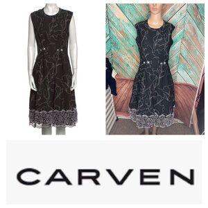 Carven Black & White Pleated Lace Detail Midi Dress